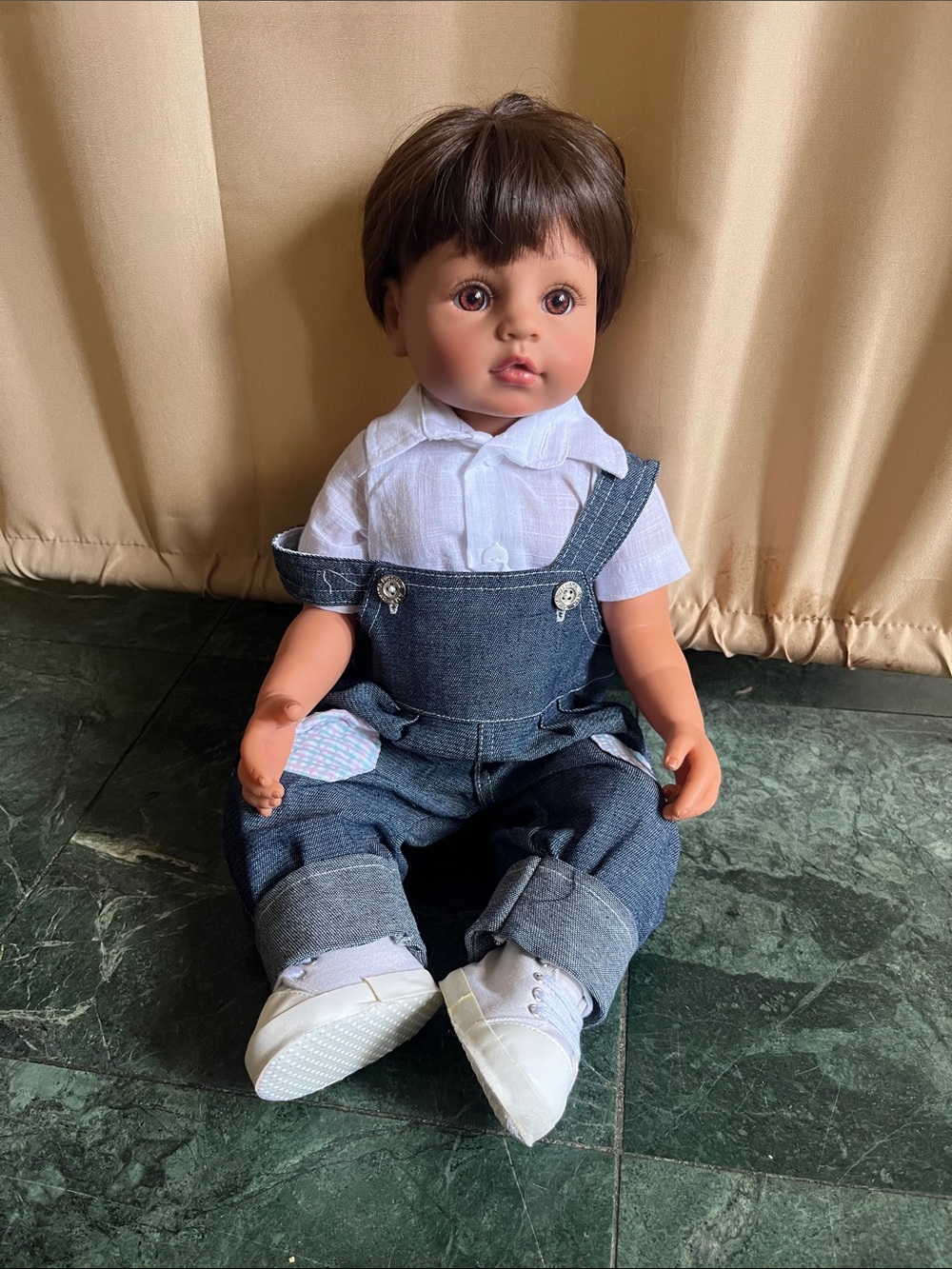Realistic Baby Doll in Blue Denim Overalls with White Shirt